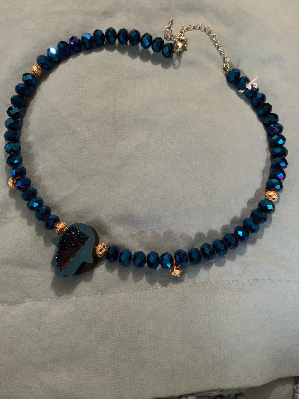Blue Beaded Choker Necklace with Blue Druzy Hamsa Hand Pendant and Gold Accents